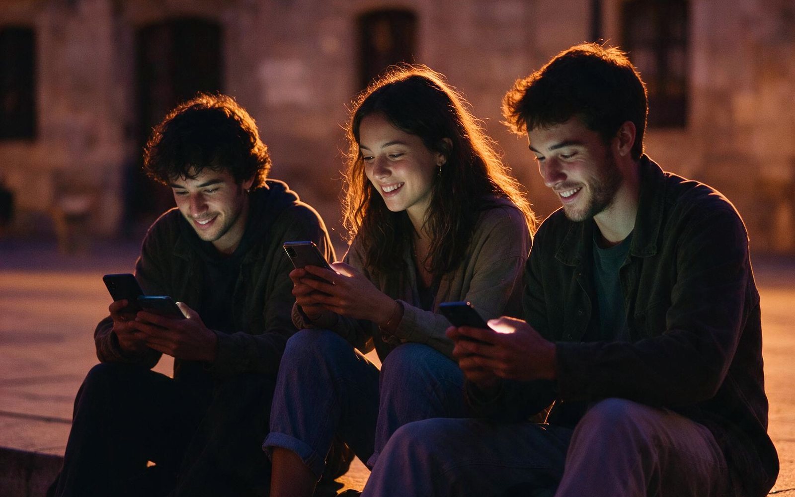 Tres jóvenes sentados en la calle compartiendo contenido desde el móvil