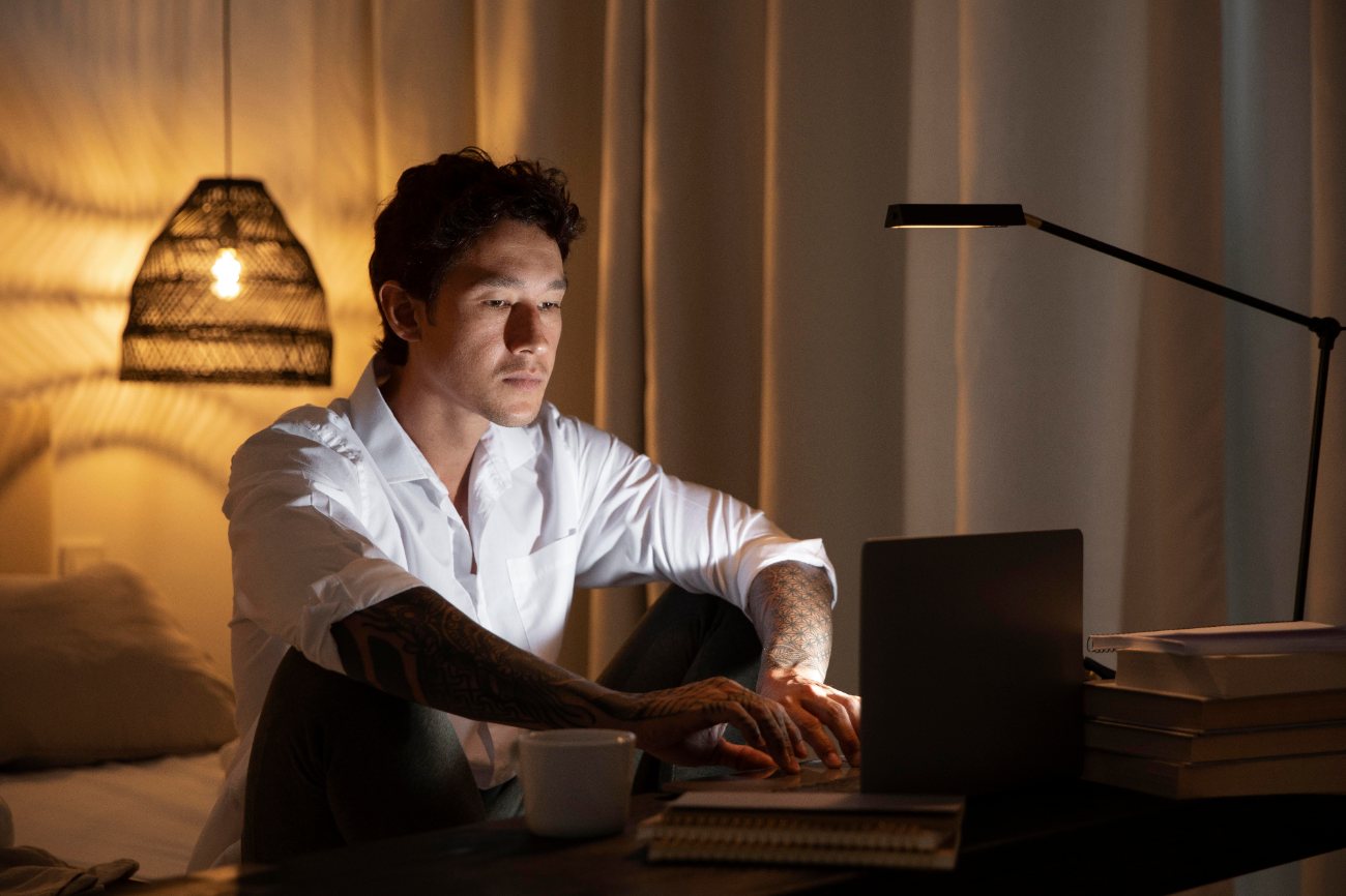 Una persona estudiando en casa con el ordenador y una l&aacute;mpara encendida